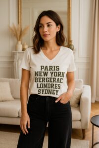 Tee-shirt écru paillettes kaki Paris-New York-Bergerac